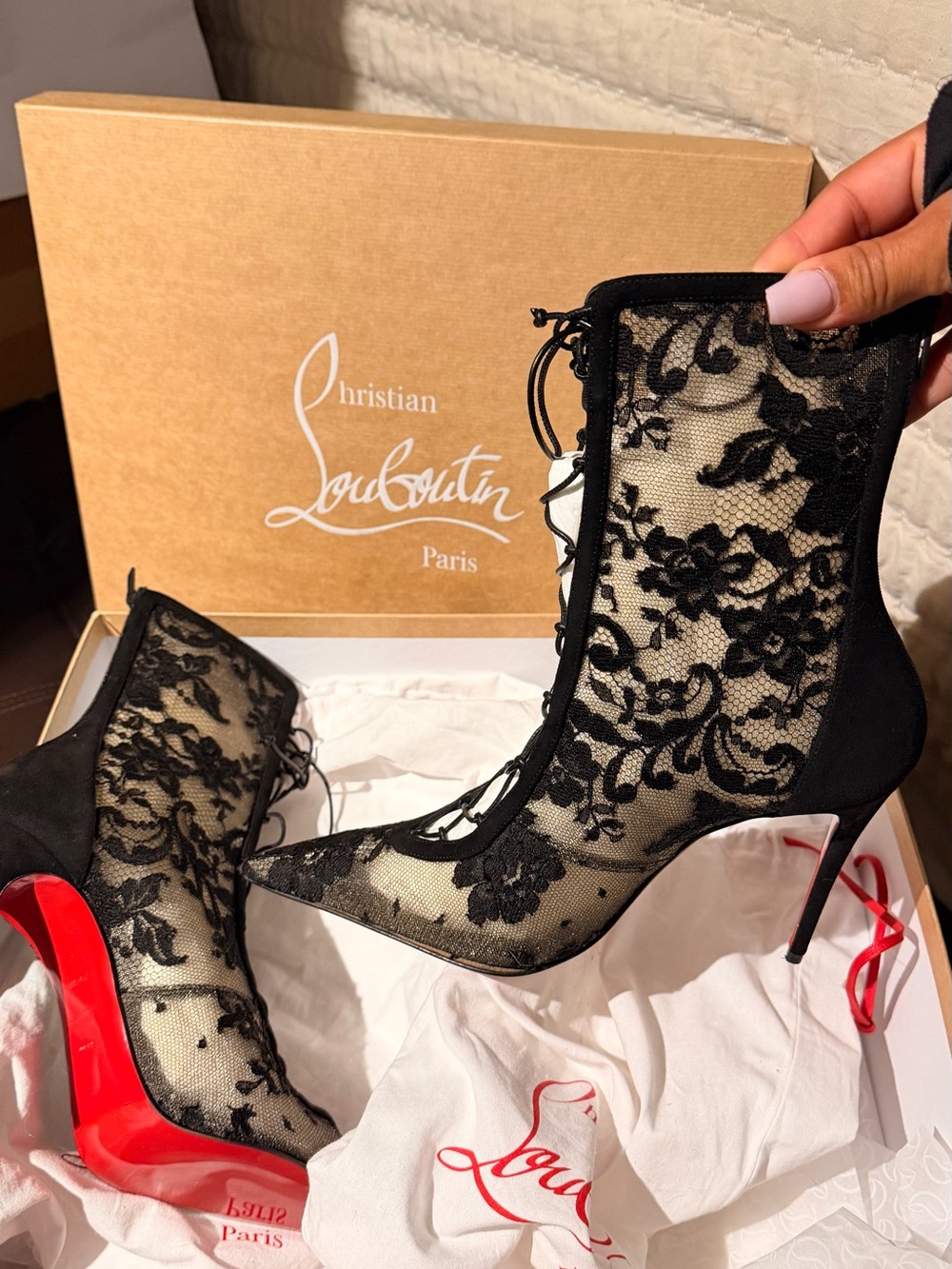 Christian Louboutin Black Lace Pointed Lace-Up Ankle Boots with Red Sole